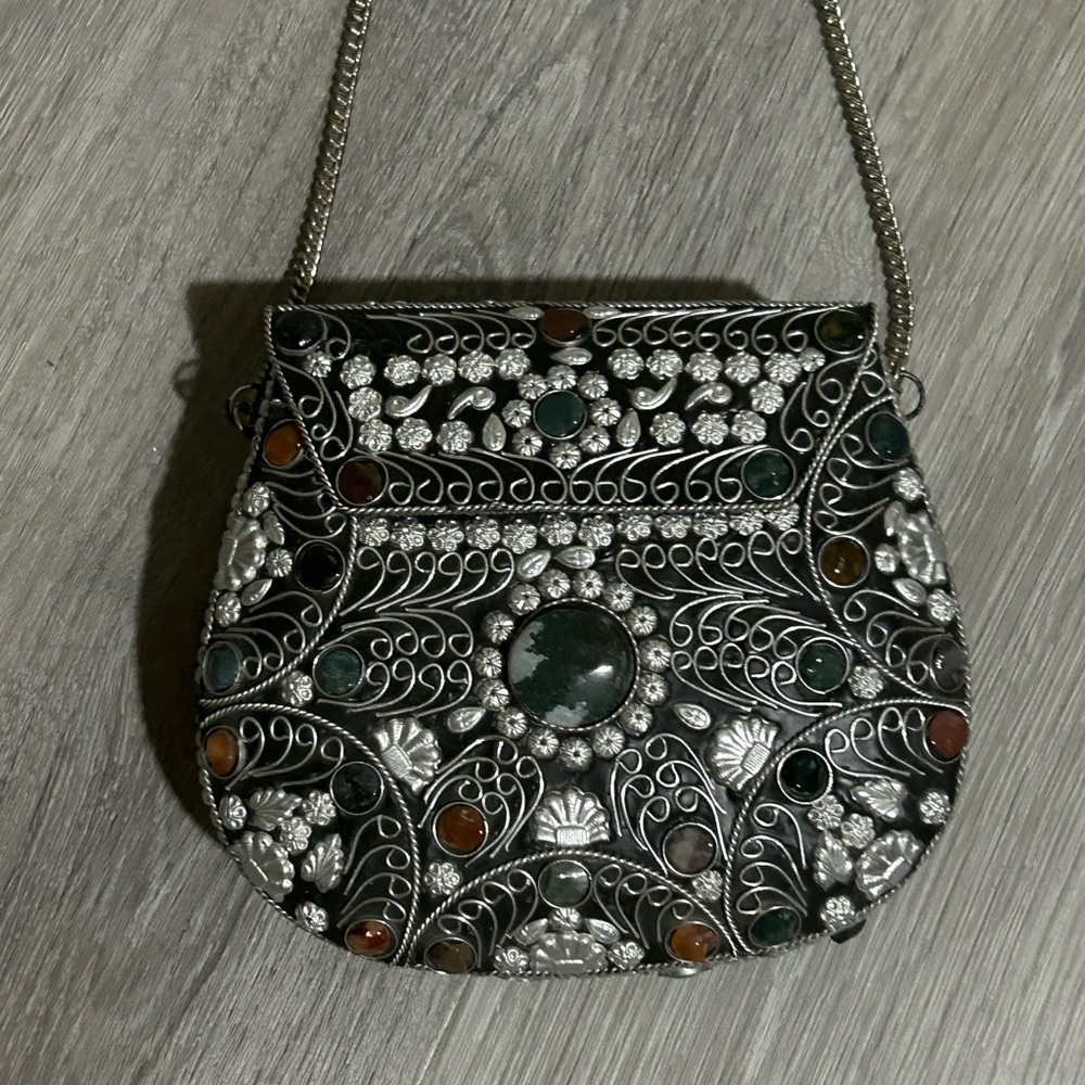 Sajai Intricate Silver and Green Crossbody Bag